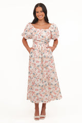 Clo Puff Sleeve Midi Dress - Ivory Floral