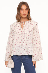 Denise Ruffle Neck Blouse - Ivory Floral