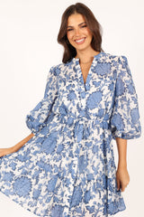 Dierdre Long Sleeve Mini Dress - Blue Floral