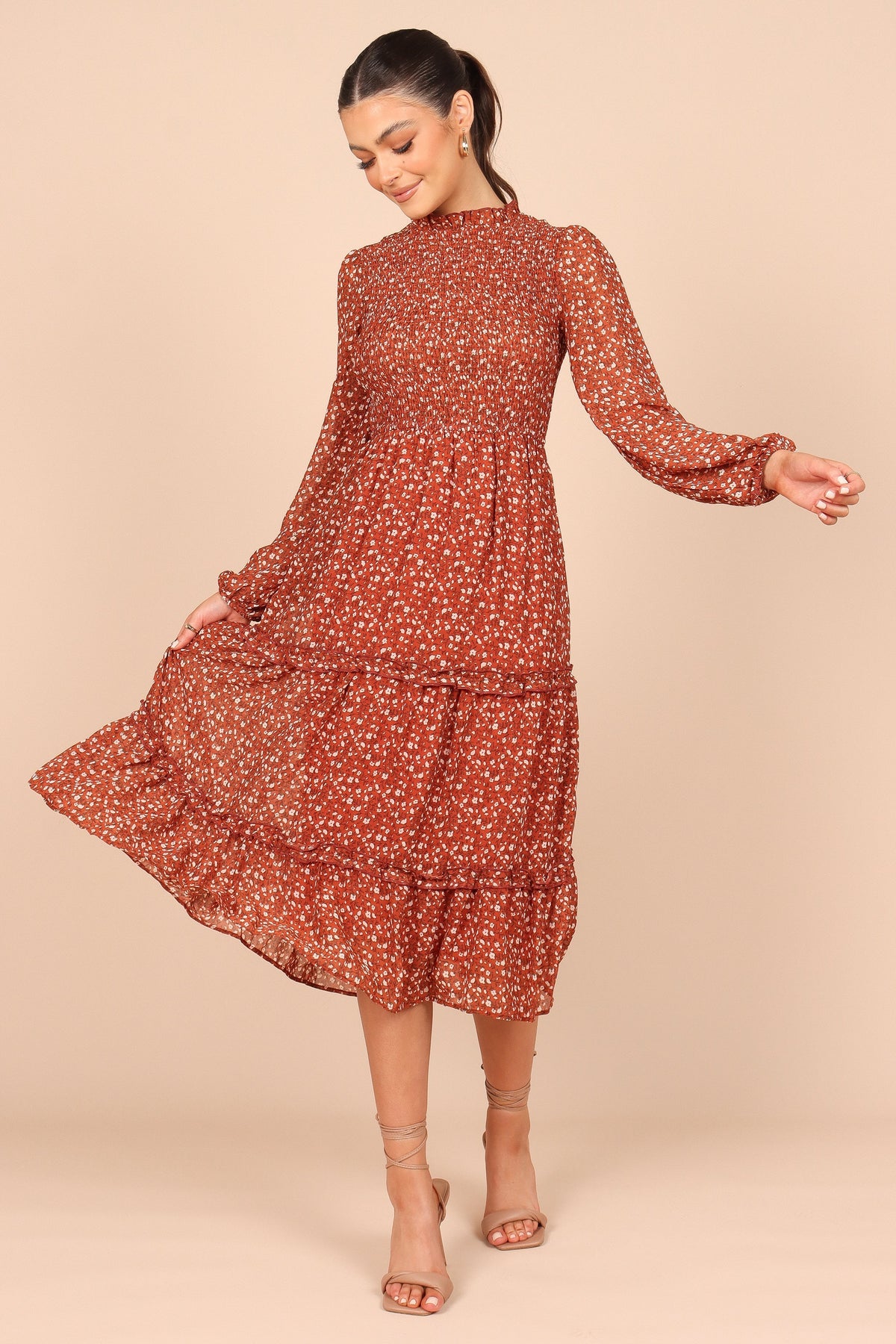 Edwina Shirred Frill Long Sleeve Midi Dress - Rust Floral