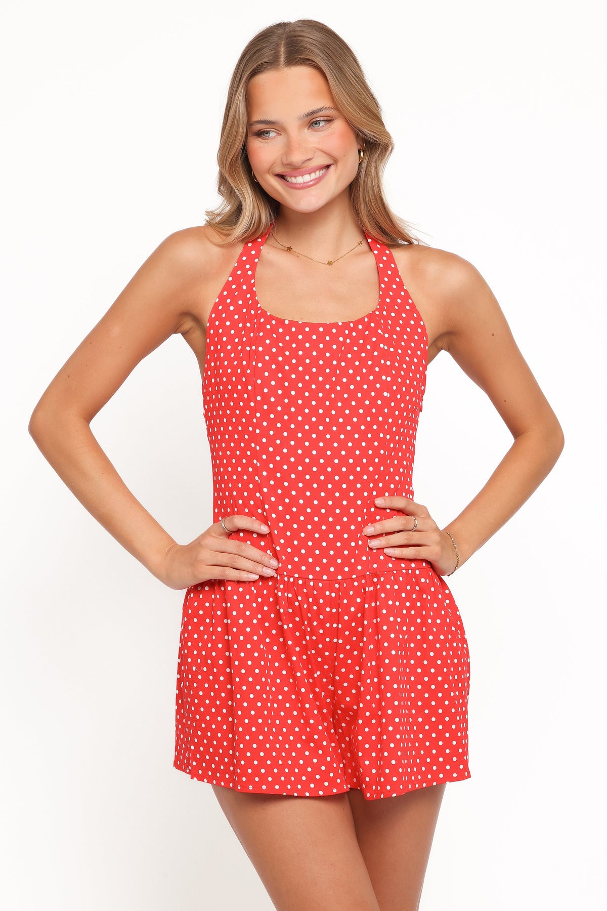 Briella Halter Neck Playsuit - Red White Polka Dot