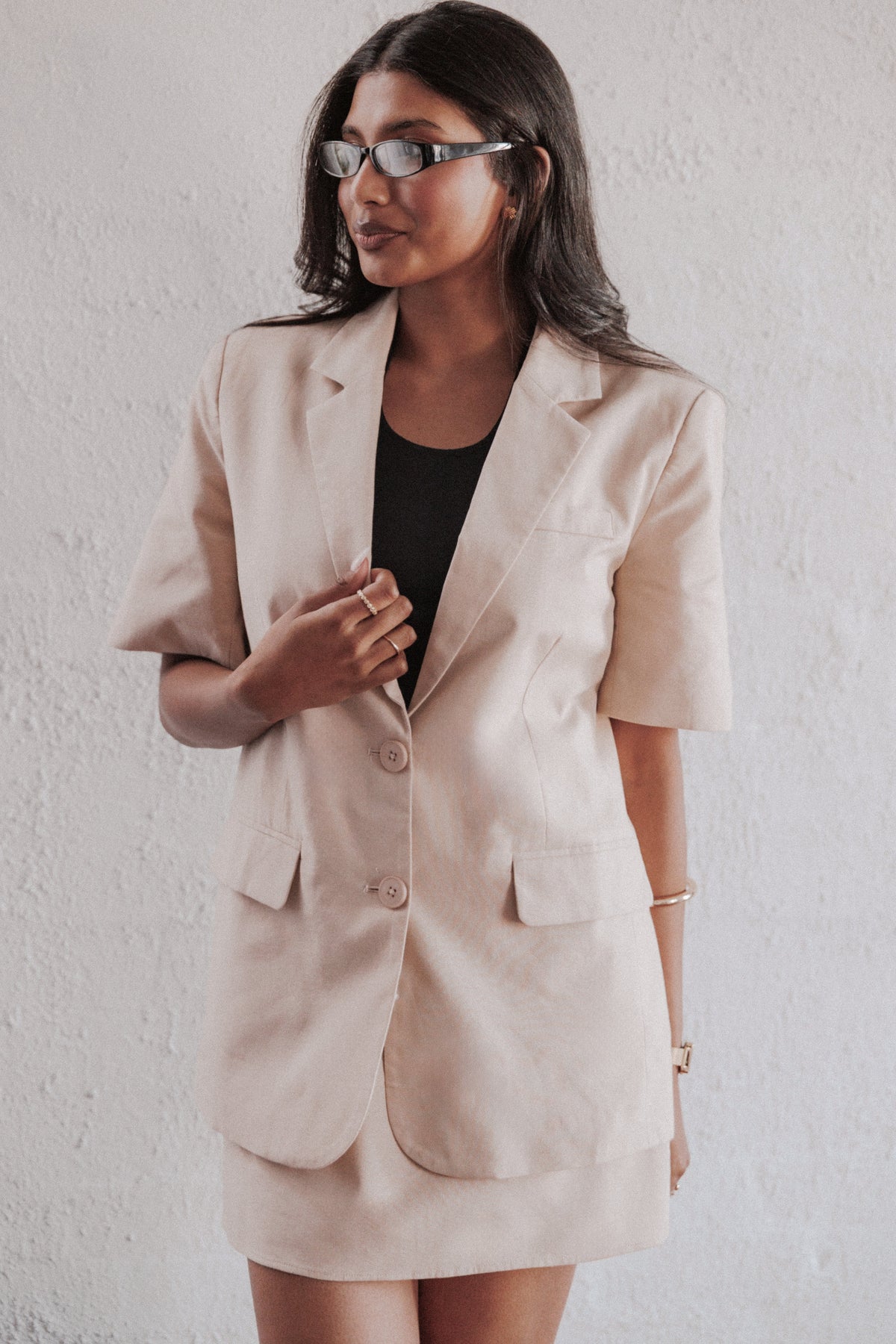 Brielle Short Sleeve Blazer Top - Beige