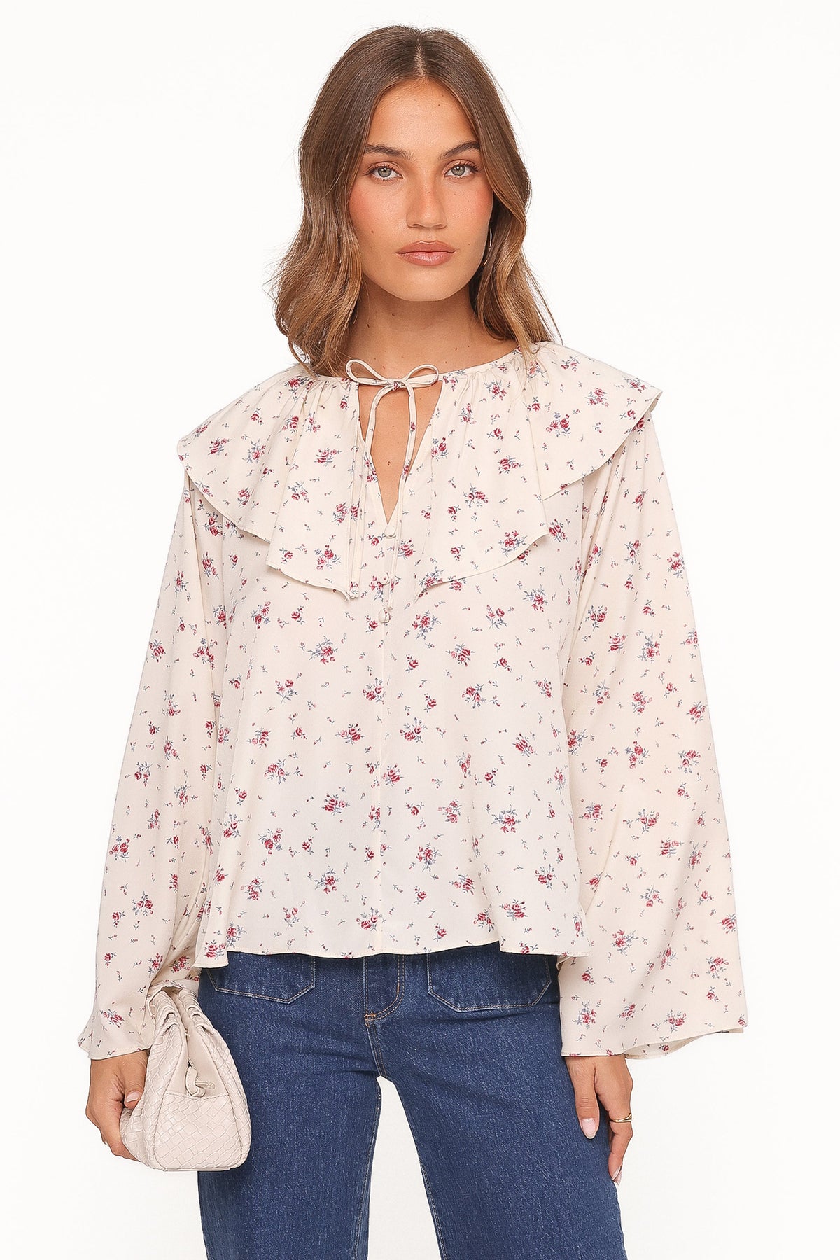 Denise Ruffle Neck Blouse - Ivory Floral